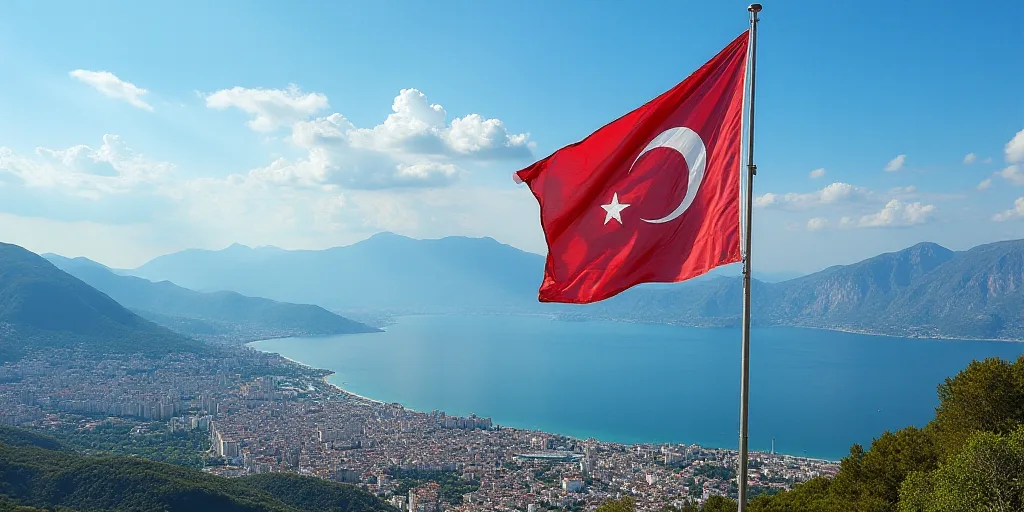 a flag flying in the wind over a city and a body of water with mountains in the background and a blu