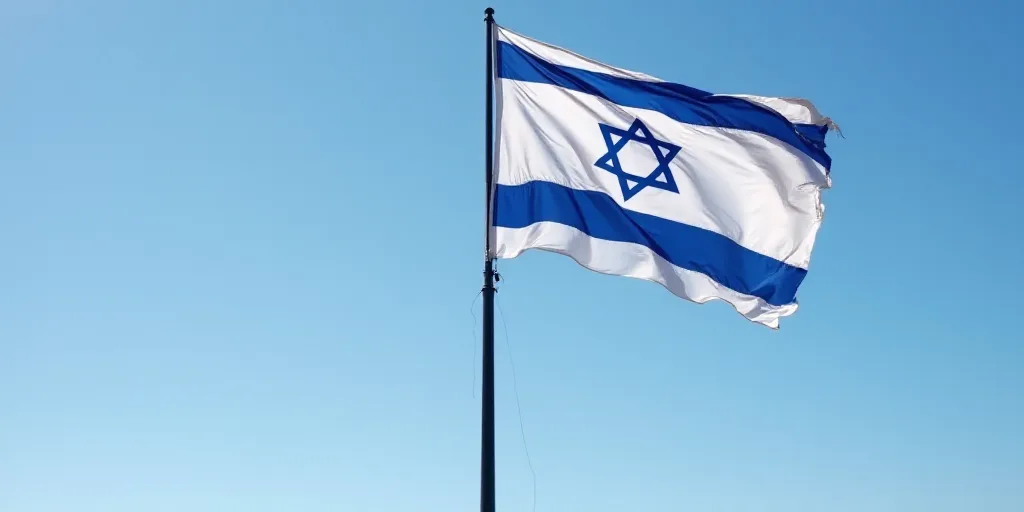 a flag flying in the wind with a blue star of david on it's side and a black pole, De Hirsh Margules