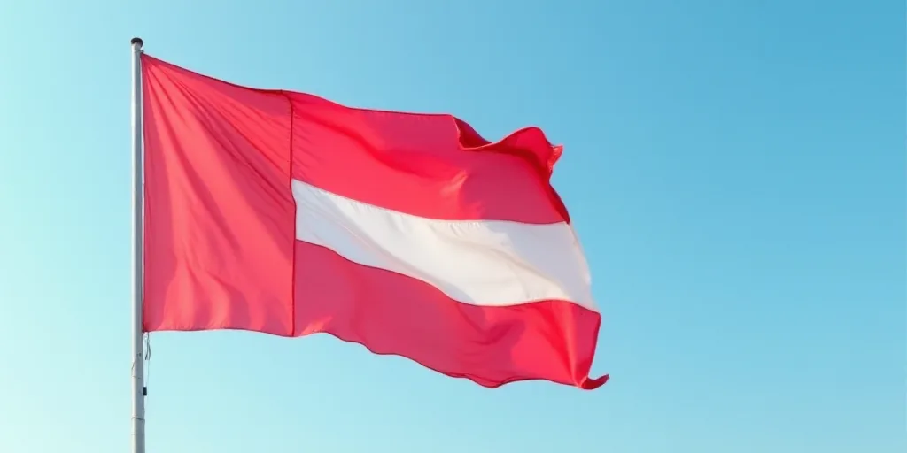 a flag flying in the wind with a blue sky in the background and a red and white stripe on the flag,