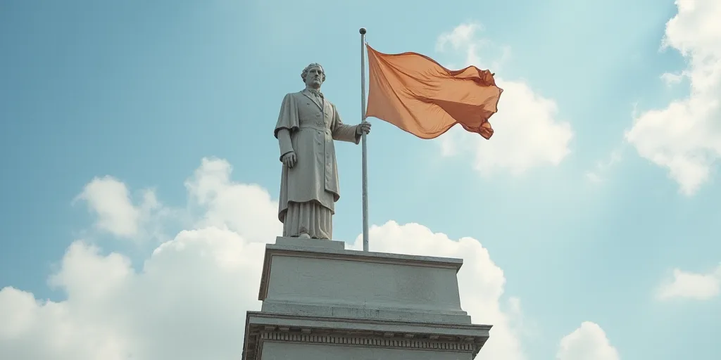 a flag flying on top of a building with a flagpole on top of it and a statue of a man on top of the