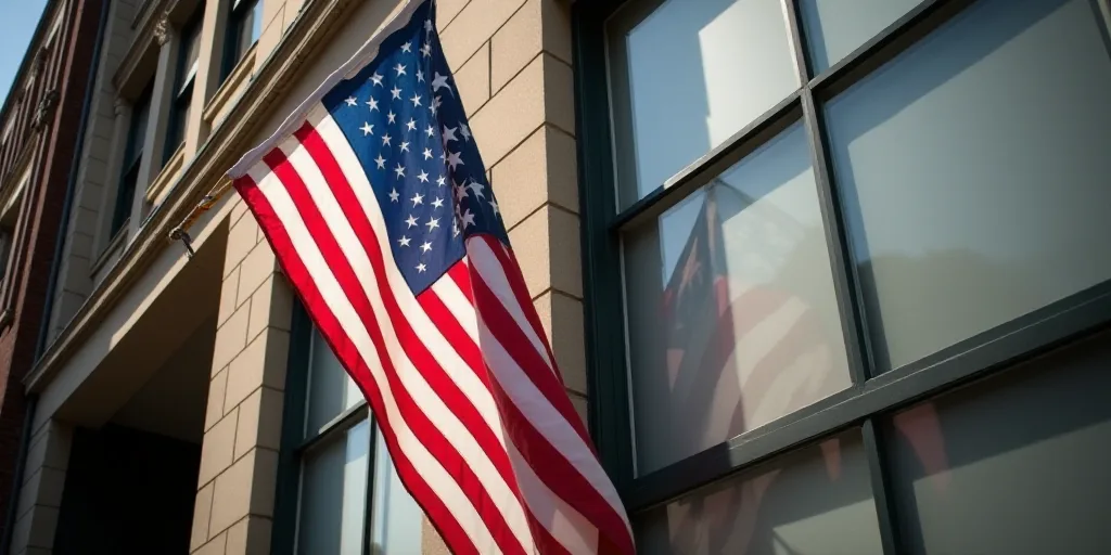 a flag hanging from a building with a window in the background and a building facade with a large wi