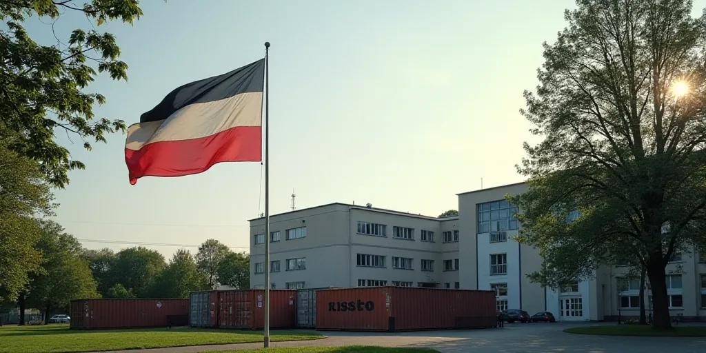 a flag is flying in front of a building with a tree in the foreground and a container on the other s