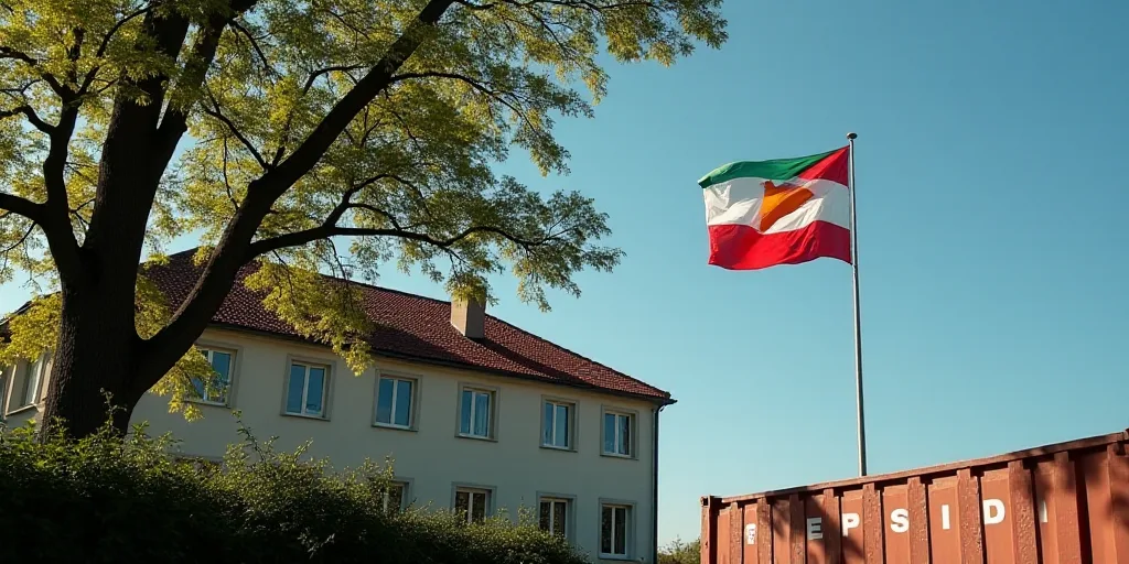 a flag is flying in front of a building with a tree in the foreground and a container on the other s