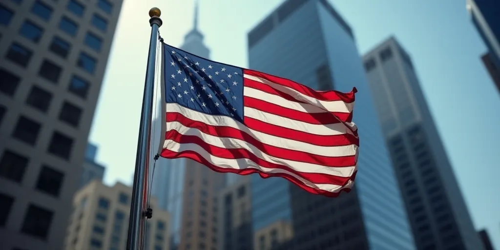 a flag is flying on the corner of a building in new york city, usa, on a flagpole, Andries Stock, sh