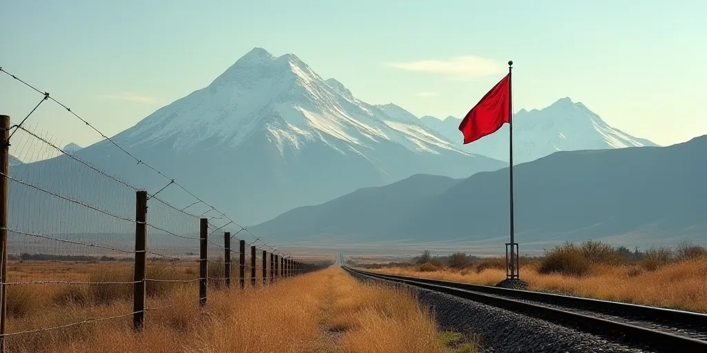 a flag is on a pole near a fence and a mountain range in the background with a train track, Americo