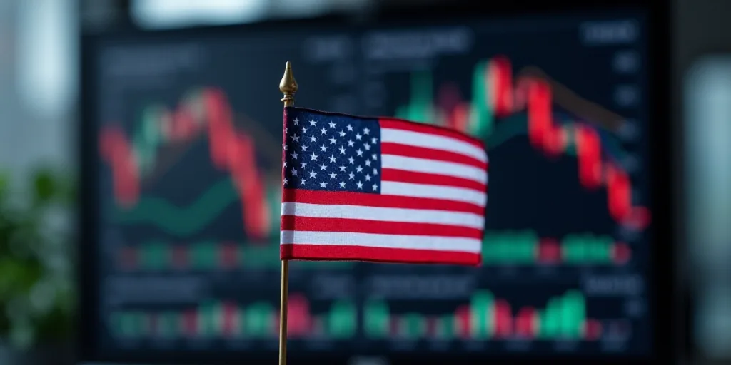 a flag is placed in front of a stock board with an american flag on it and a stock board in the back