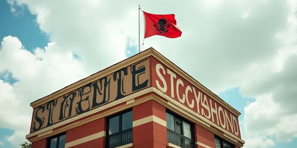 a flag on top of a building with a sign in front of it that says stcc and a flag on top of a buildin