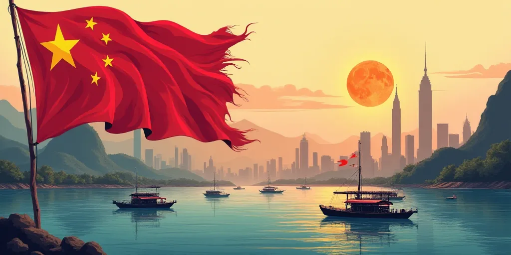 a flag with a city in the background in the foreground of a body of water with boats in the foregrou