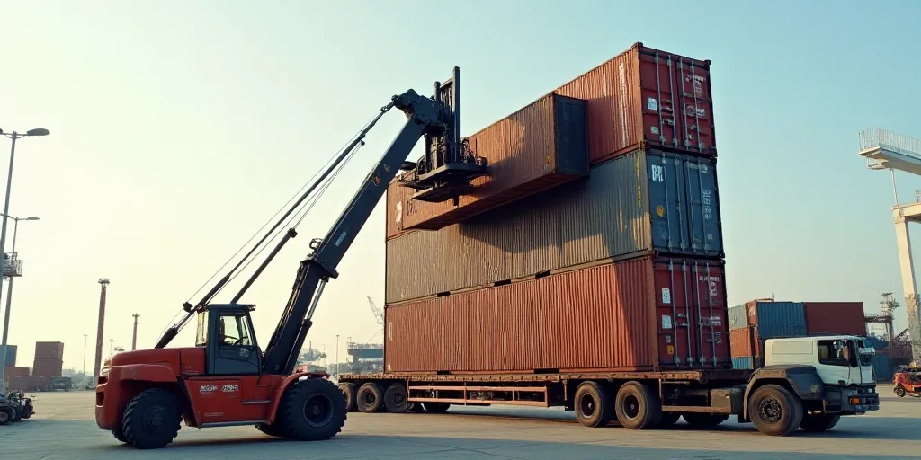 a forklift is lifting a large stack of containers into a truck bed in a shipping yard with a crane,