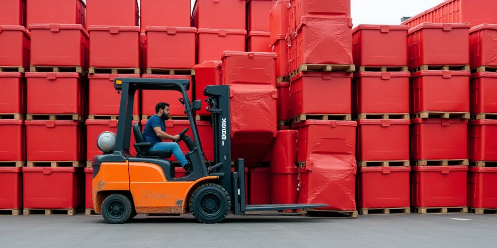 a forklift with a fork on it is in front of a large stack of red boxes on a pallet, Andries Stock, r