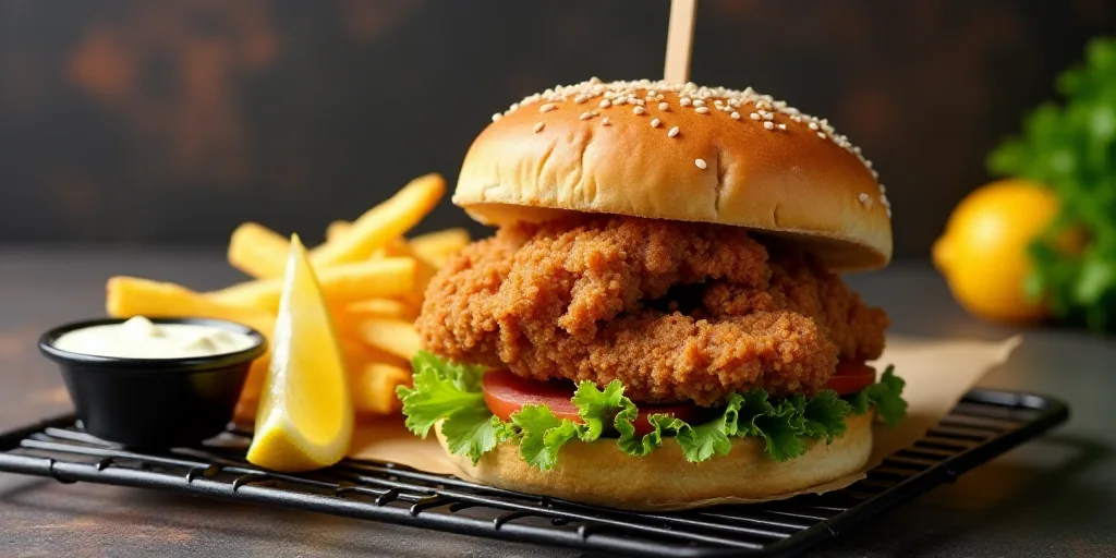 a fried chicken sandwich and fries with a side of dipping sauce and a lemon wedge on a cooling rack,