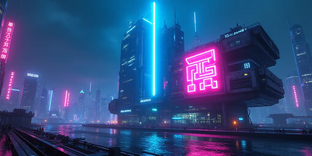a futuristic city with a neon colored letter on it's side and a bright blue light above it, Ai-Mitsu
