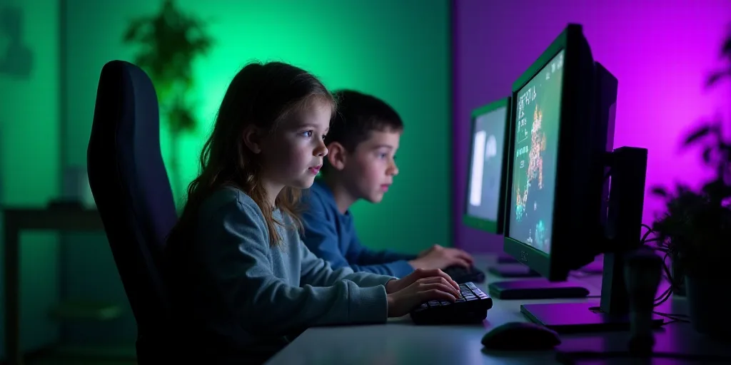 a girl and a boy are playing on a computer together in a room with green lights and a purple light,