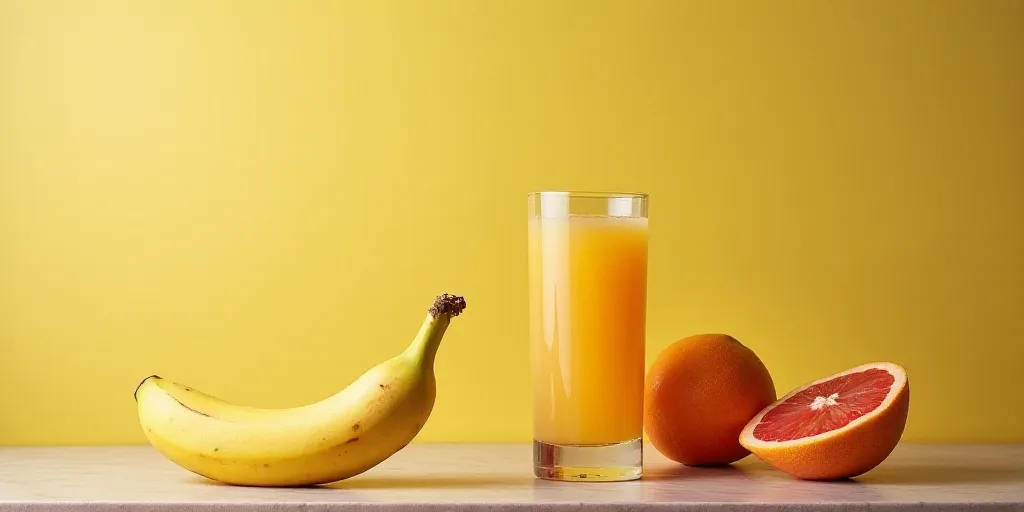 a glass of fruit and a banana on a table with a half eaten banana and half a whole grapefruit, Boeti