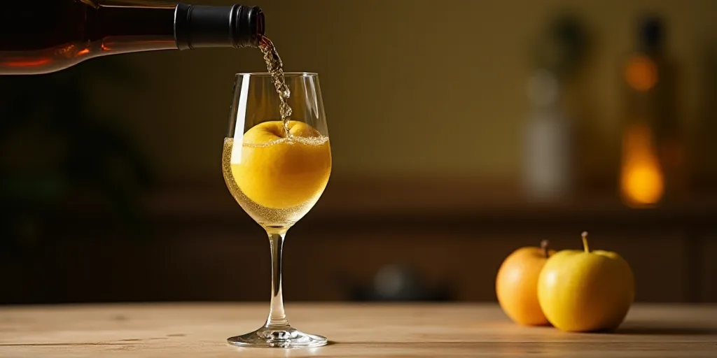 a glass of wine being poured into a glass with a yellow apple inside of it on a table with a blurry