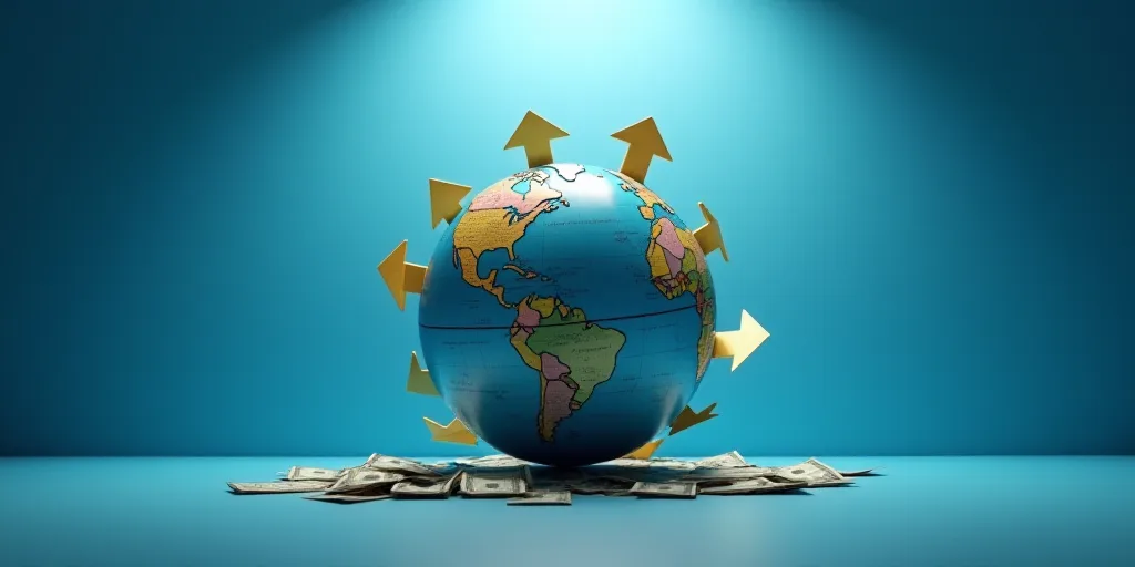 a globe surrounded by money and arrows on a table with a light shining on it and a blue background,