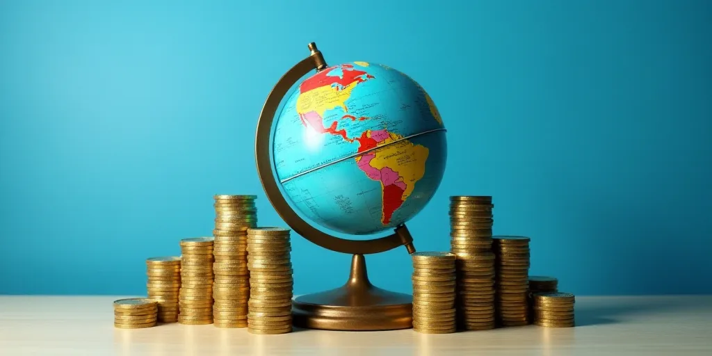 a globe surrounded by stacks of gold coins and stacks of coins on a table with a blue background and