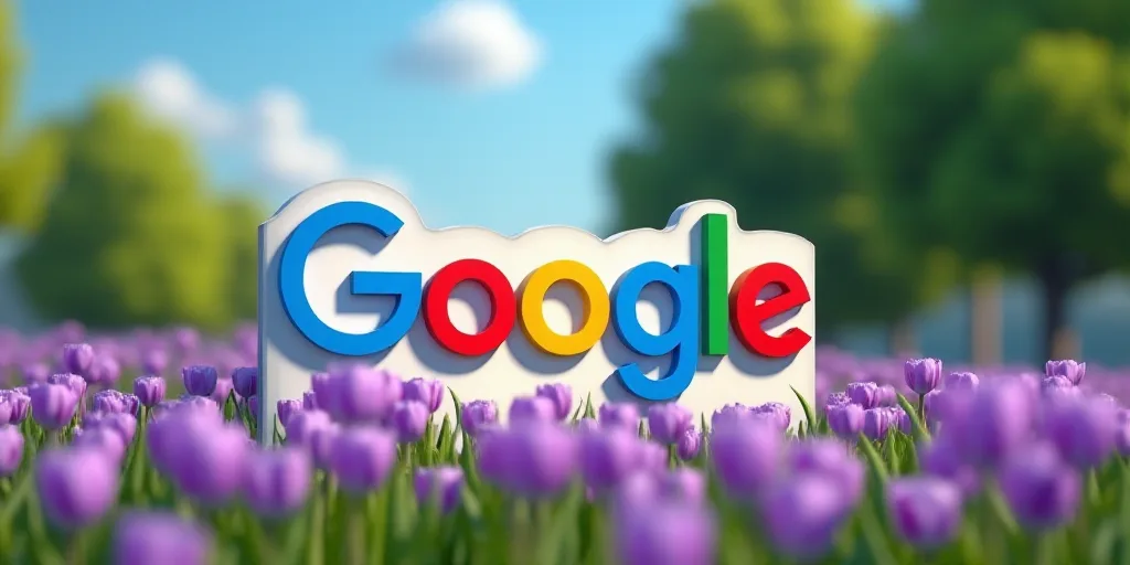 a google sign in front of purple flowers and trees in the background with a blue sky in the backgrou