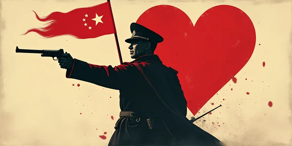 a graphic of a man with a gun and a flag in the shape of a map of china and a heart, Cao Buxing, war