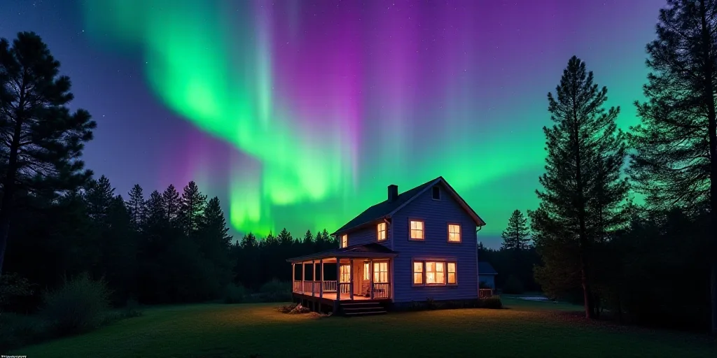 a green and purple aurora bore is in the sky above a house and trees in the foreground, with a purpl