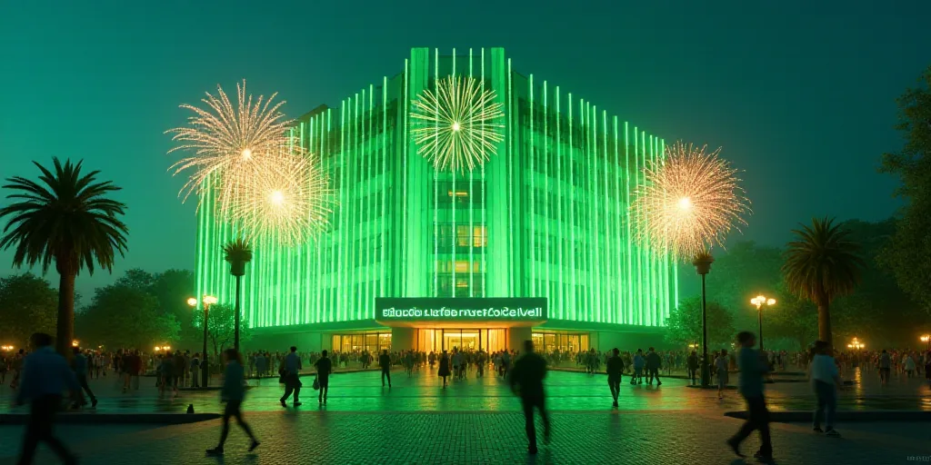 a green and white building with a neon sign and fireworks in front of it and people walking by it, E