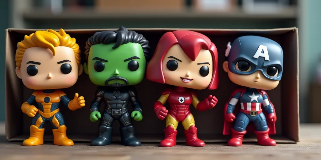 a group of avengers pop - up figures are shown in a box with the pop - up figures in each, Avgust Č