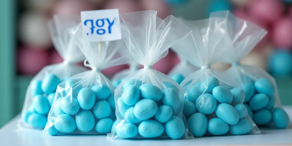 a group of bags of blue candy sitting on top of a table next to a sign that says fgr, Aquirax Uno, d