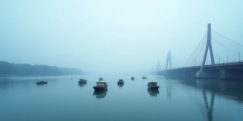 a group of boats floating on top of a body of water next to a bridge under construction on a cloudy