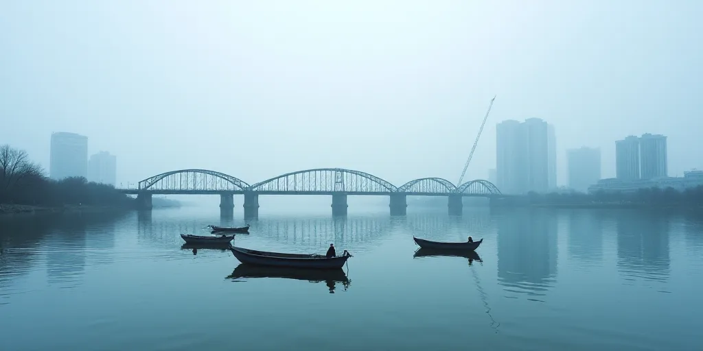 a group of boats floating on top of a body of water next to a bridge under construction on a cloudy