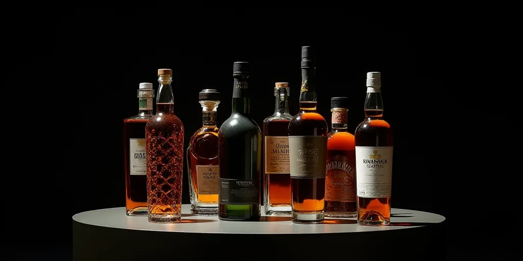 a group of bottles of alcohol sitting next to each other on a table with a black background and a bl