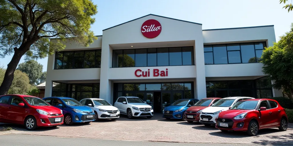 a group of cars parked in front of a building with a sign that says sillao on it, Cui Bai, promotion