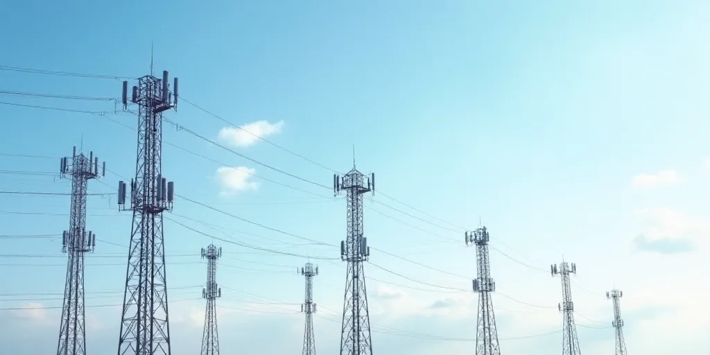 a group of cell towers with a sky background and clouds in the background, with a few clouds in the