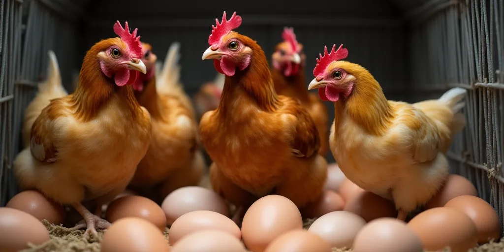 a group of chickens standing in a cage next to eggs in a pile of eggs in a pile of eggs, Afewerk Tek
