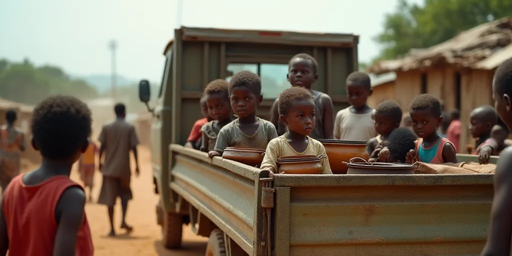a group of children are in a truck with pots and pans on the back of it and people are standing arou