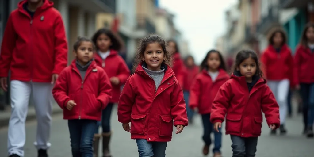 a group of children in red jackets walking down a street together with adults in red jackets and whi