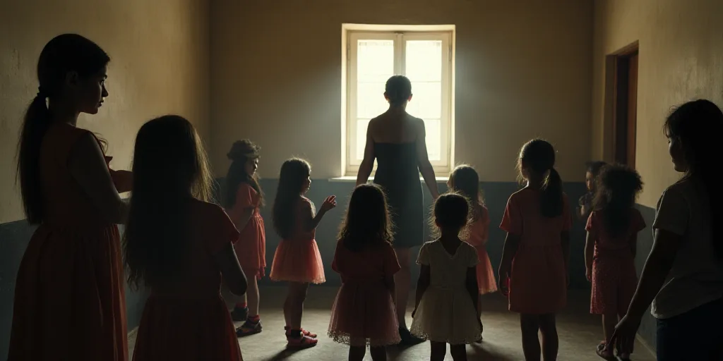 a group of children standing around each other in a room with a woman standing behind them and a man