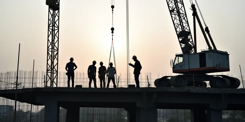 a group of construction workers working on a building site with a crane in the foreground and a cons