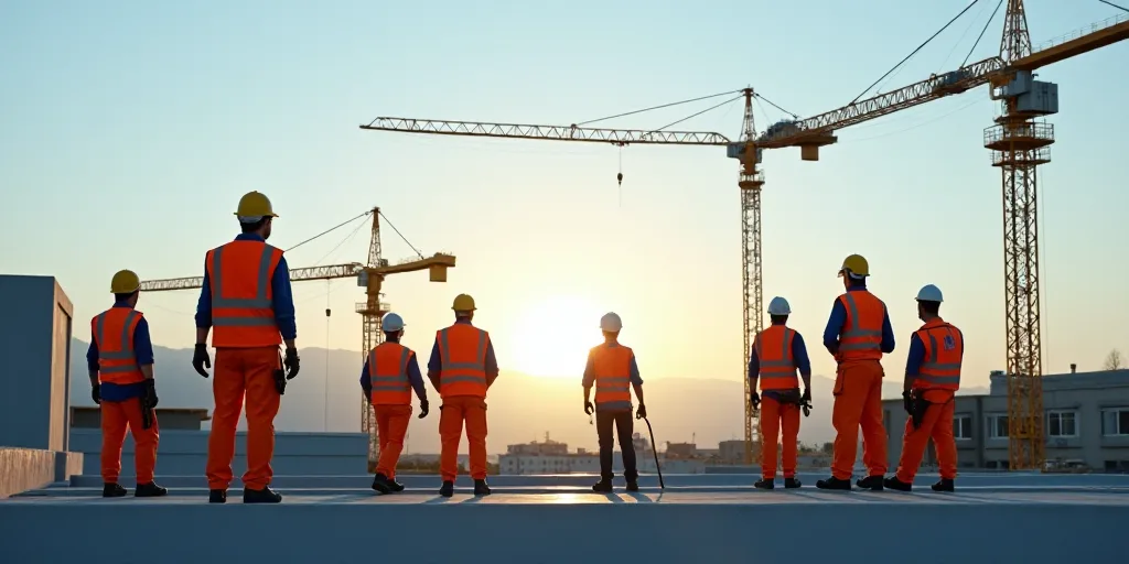 a group of construction workers working on a building site with a crane in the background and a cran
