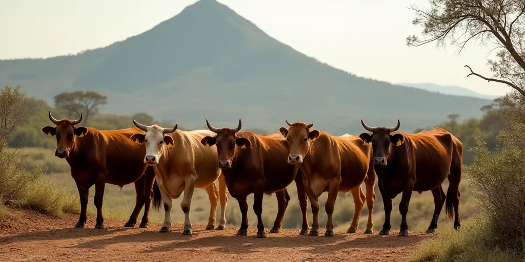 a group of cows standing in a dirt field with a mountain in the background with trees and bushes in