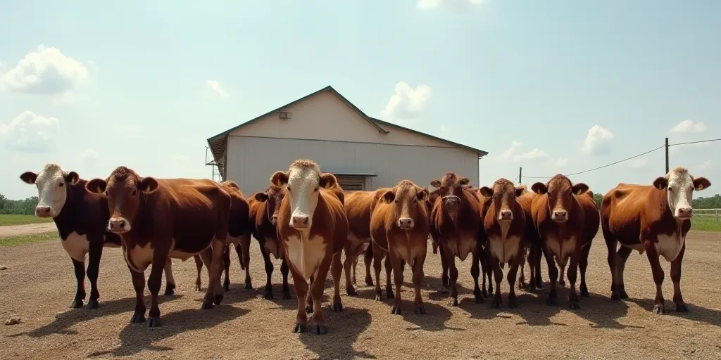 a group of cows standing in a pen with a sky background and a building in the background with a roof