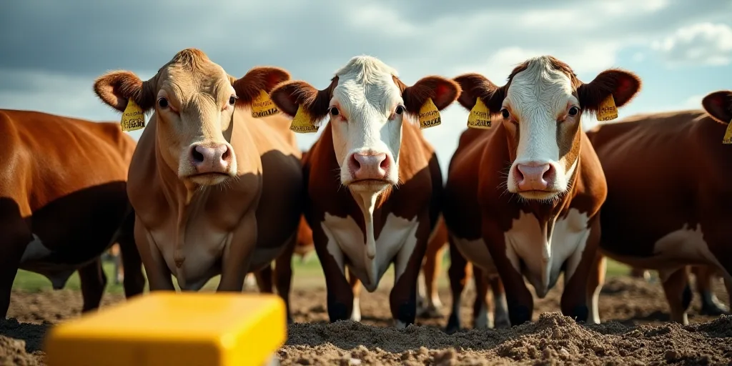 a group of cows standing in a pen with tags on their ears and ears, with a yellow object in the fore