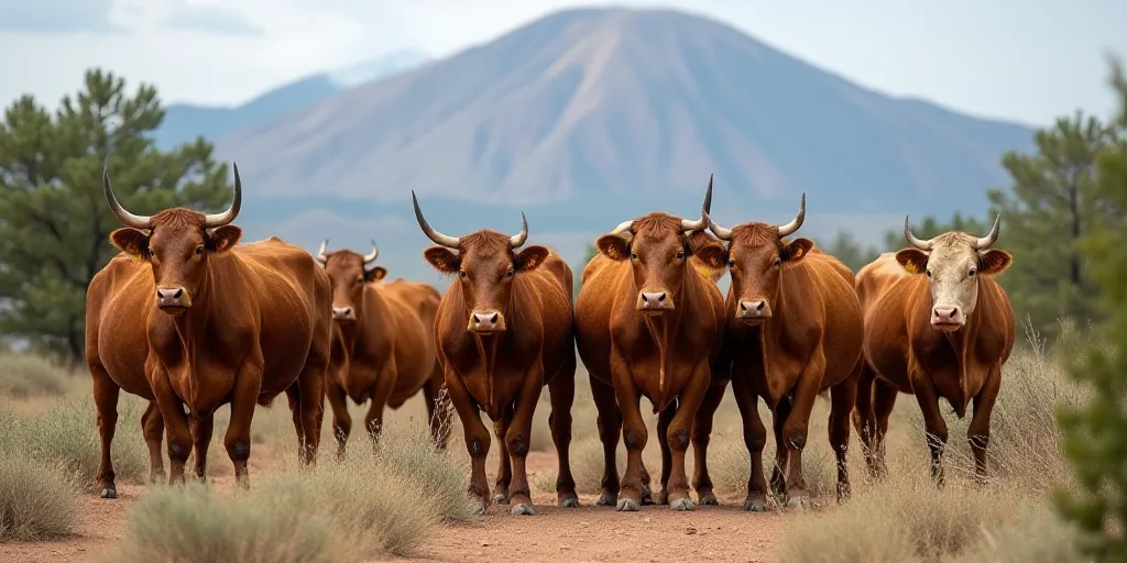 a group of cows standing in a dirt field with a mountain in the background with trees and bushes in