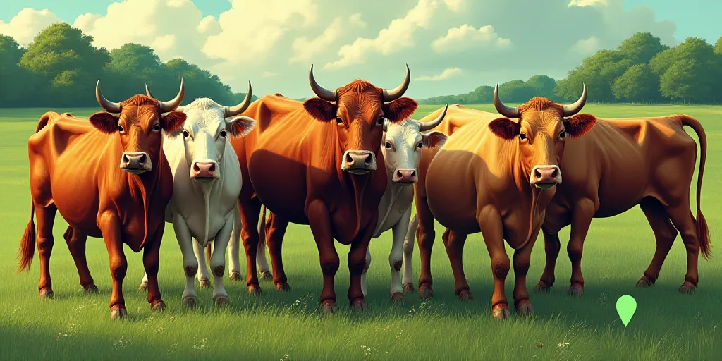 a group of cows standing next to each other on a field of grass and trees in the background, with a