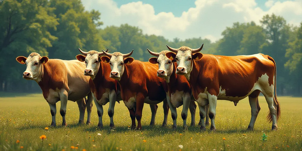 a group of cows standing next to each other on a field of grass and trees in the background, with a