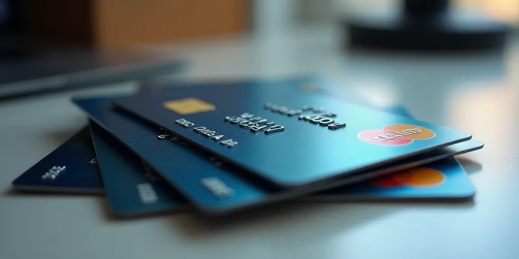 a group of credit cards sitting on top of each other on a table with a blurry background of the cred