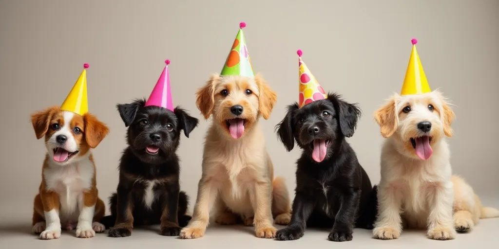 a group of dogs wearing party hats and sitting down together with their tongue out and tongue out, w