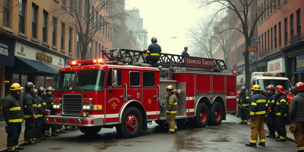 a group of firefighters standing around a fire truck with a man on it's back in a street, Elbridge A
