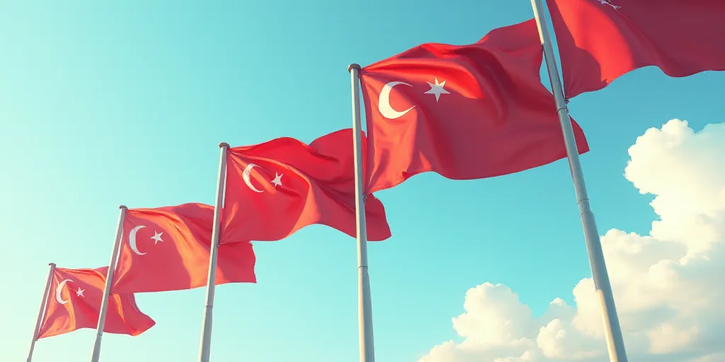 a group of flags flying in the air with a sky background and clouds in the background, with a few cl