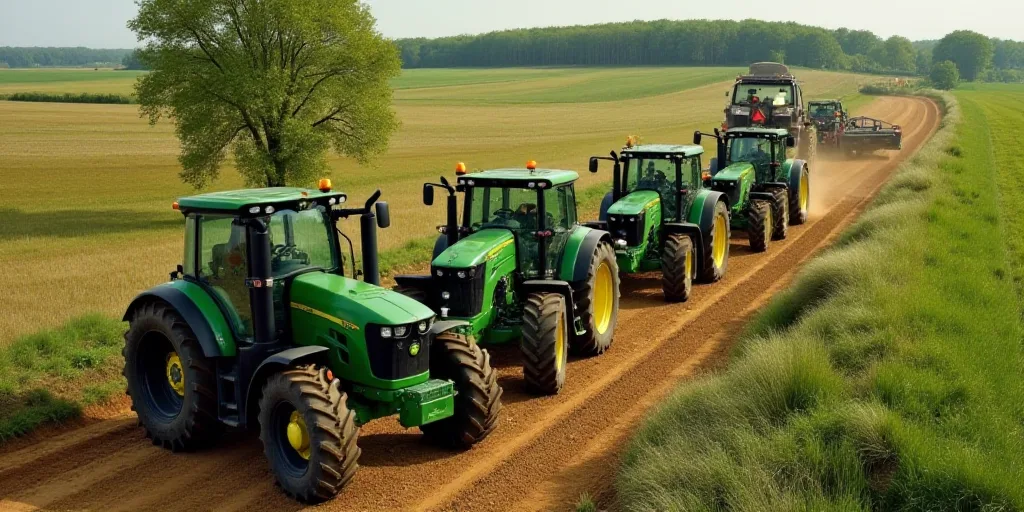 a group of green tractors driving through a field of dirt and grass with a tree in the background an