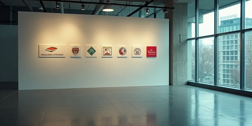 a group of logos are displayed on a wall in a building in a city, with a large glass window behind t